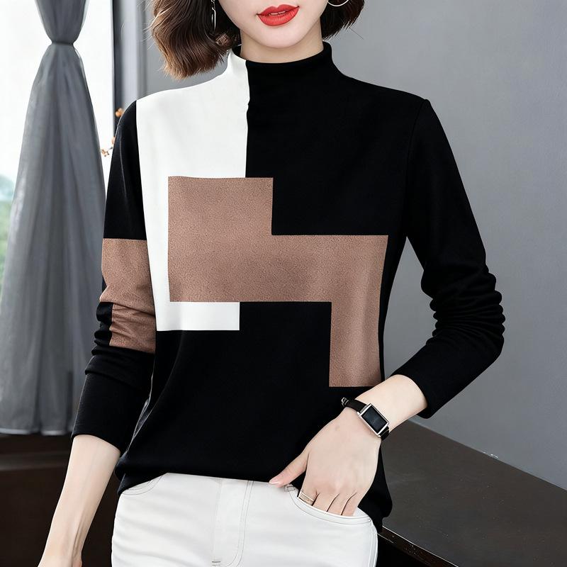 2025 Women's Elegant Color Block Long Sleeve Top, Half-High Collar, Age-Reducing, Plus Velvet, Thickened, Warm Base Layer for Mothers