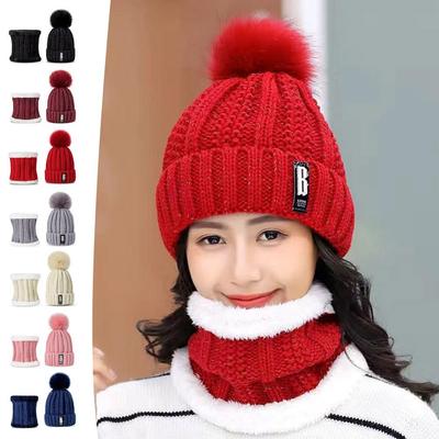 Brand Winter Knitted Scarf Hat Set Thick Warm Skullies Beanies Hats for Women Solid Outdoor Snow Riding Ski Bonnet Caps Girl