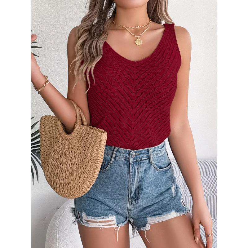 VEZFAA Women's Fashion Casual Summer Spring Solid Color Print Sleeveless V-Neck Blouses & Shirts
