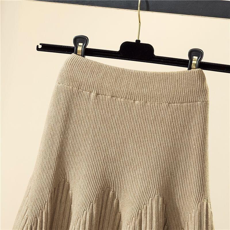 Autumn And Winter Mid-length Solid Color A-line Skirt Casual All-match Knitted Pleated Half-length Skirt Women