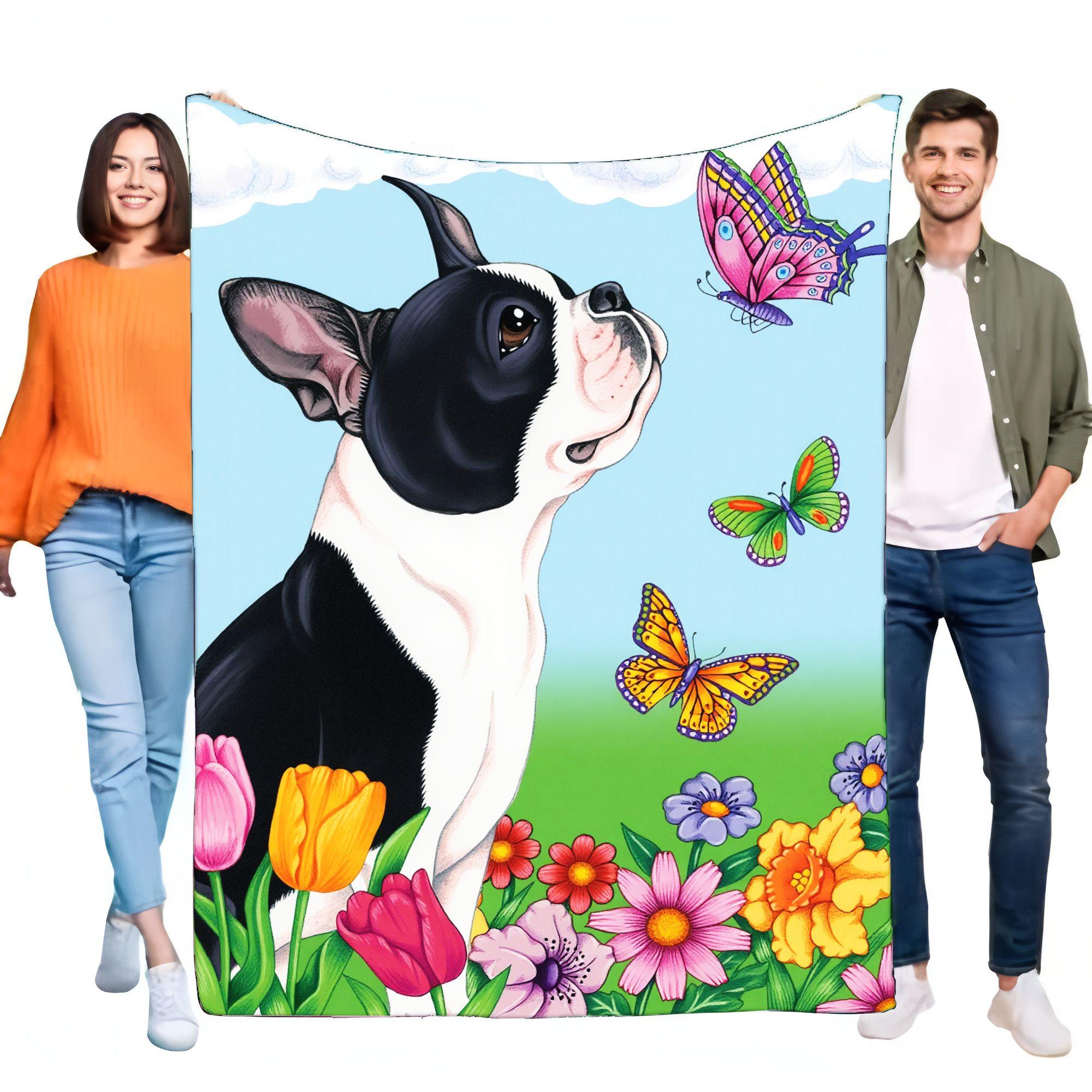 Colorful Cartoon Boston Terrier Blanket with Vibrant Flowers and Butterflies, Soft Plush Throw for Kids and Adults, Perfect for 75X95CM