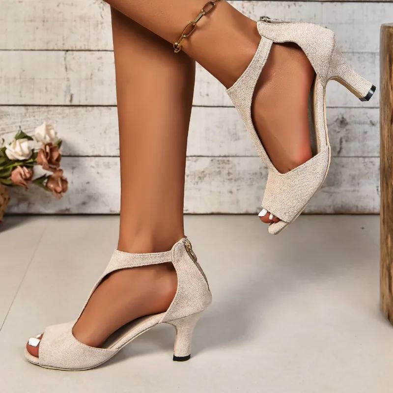 Fashion 2024 Fashion Shoes Female Fish Mouth Women Sandals Summer Open Toe Solid Dress Stilettos or Thin Heels Zipper Large Size Sandals