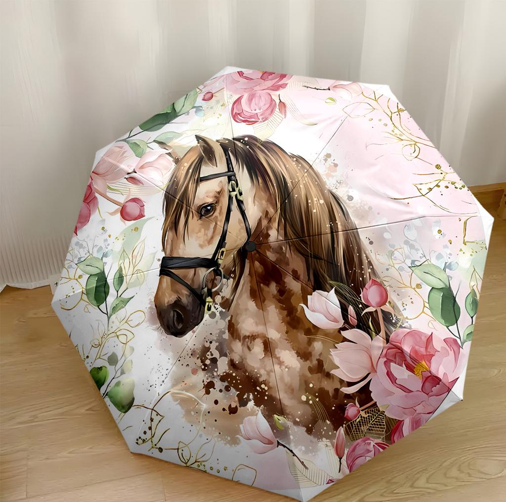 Epic Horse In Autumn Landscape Portable Automatic Umbrella Compact 8-Rib Lightweight Sturdy Construction Travel Essential Elegant Umbrella