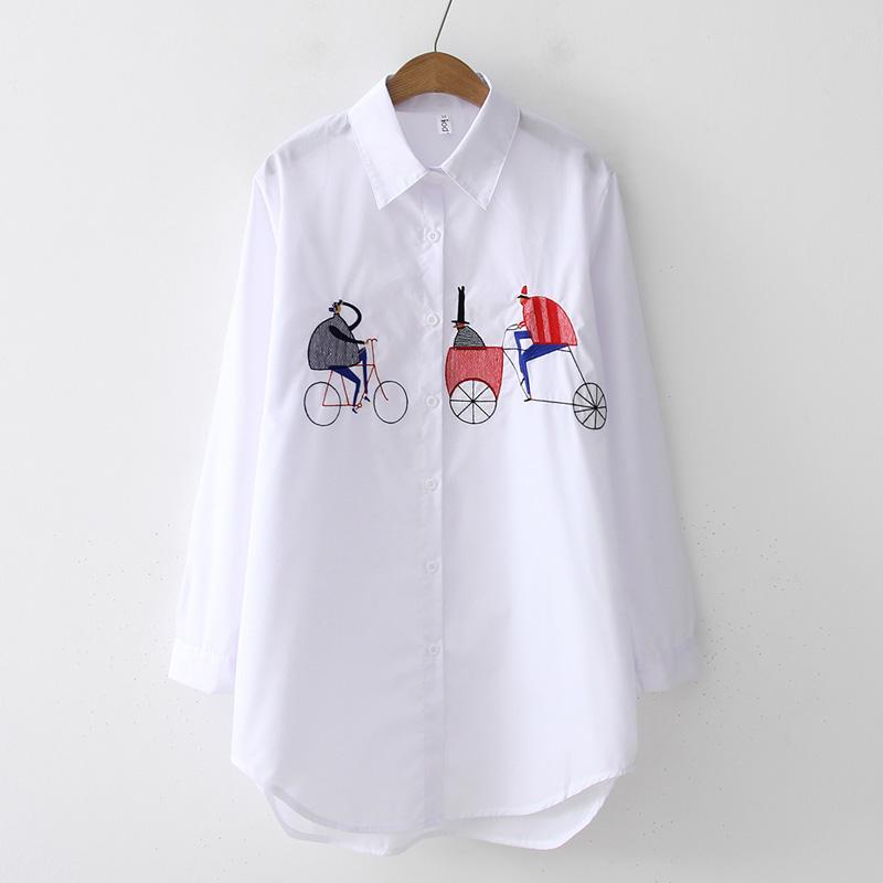 White Shirt Casual Button Up Turn Down Collar Female Blouse Long Sleeve Cotton Blouse Embroidery Blouse Lady