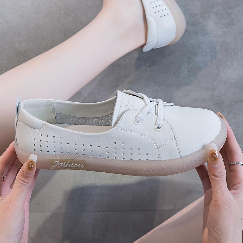 Women'S Summertime Genuine Leather Daily Flats Breathable Cushioned Sole Easy Slip-On Athletic Shoes Plush Comfort Walking Footwear For Ladies