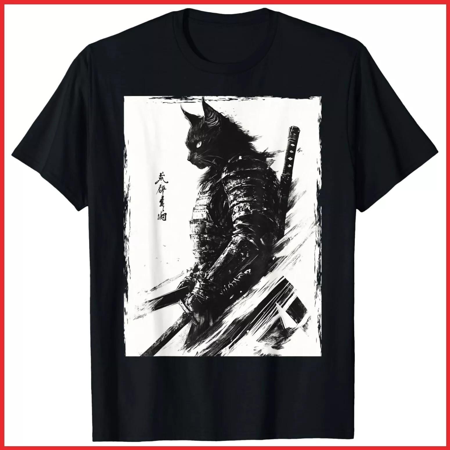 Samurai Warrior Cat Graphic Vintage Japanese Art Black Cotton T-Shirt S-5XL XXL