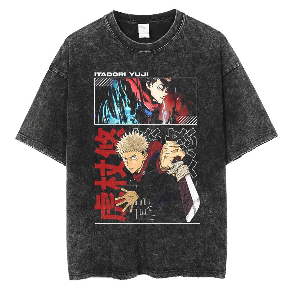 Anime Jujutsu Kaisen Itadori Yuji Ryomen Sukuna Graphic Washed T Shirt Men Vintage Cotton T-shirts Harajuku Male Casual TShirt