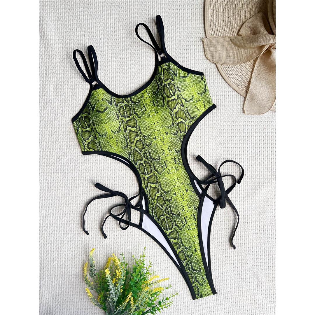 

Сексуальный женский купальник со змеиной кожей и вырезами на бретелях, цельный купальник, женский мягкий купальный костюм, купальный костюм для женщин S зелёный