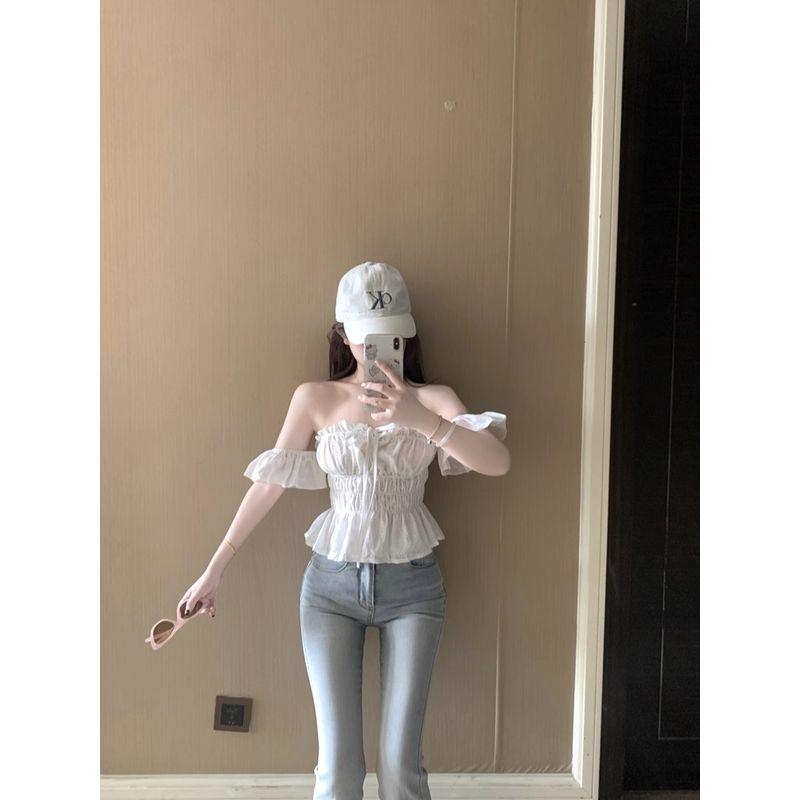 Kumikumi Pure Desire Style off-Shoulder Collar Pleat Shirts Women clothes Summer Lace-up Hollow off-Shoulder Slimming White Top