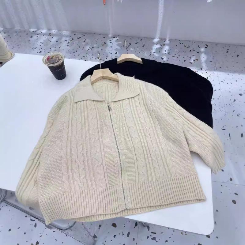 Lapel Twist Zipper Soft Waxy Sweater Jacket Women's Autumn and Winter Retro Thickened Loose Lazy Wind Knitted Cardigan