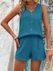 Casual Solid-color Textured Shorts Set, V-neck Single-breasted Vest and Loose Simple Shorts Summer Clothing Two-piece Set