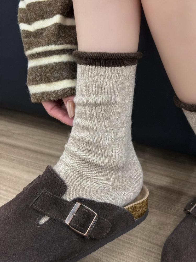 Szare Skarpetki Sezonowe Czysta Bawełna Skarpetki do Połowy Łydki Pogrubione Ciepłe Wełniane Podkolanówki Podwinięty Obszyty Ściągacz Skarpetki na Zimę
