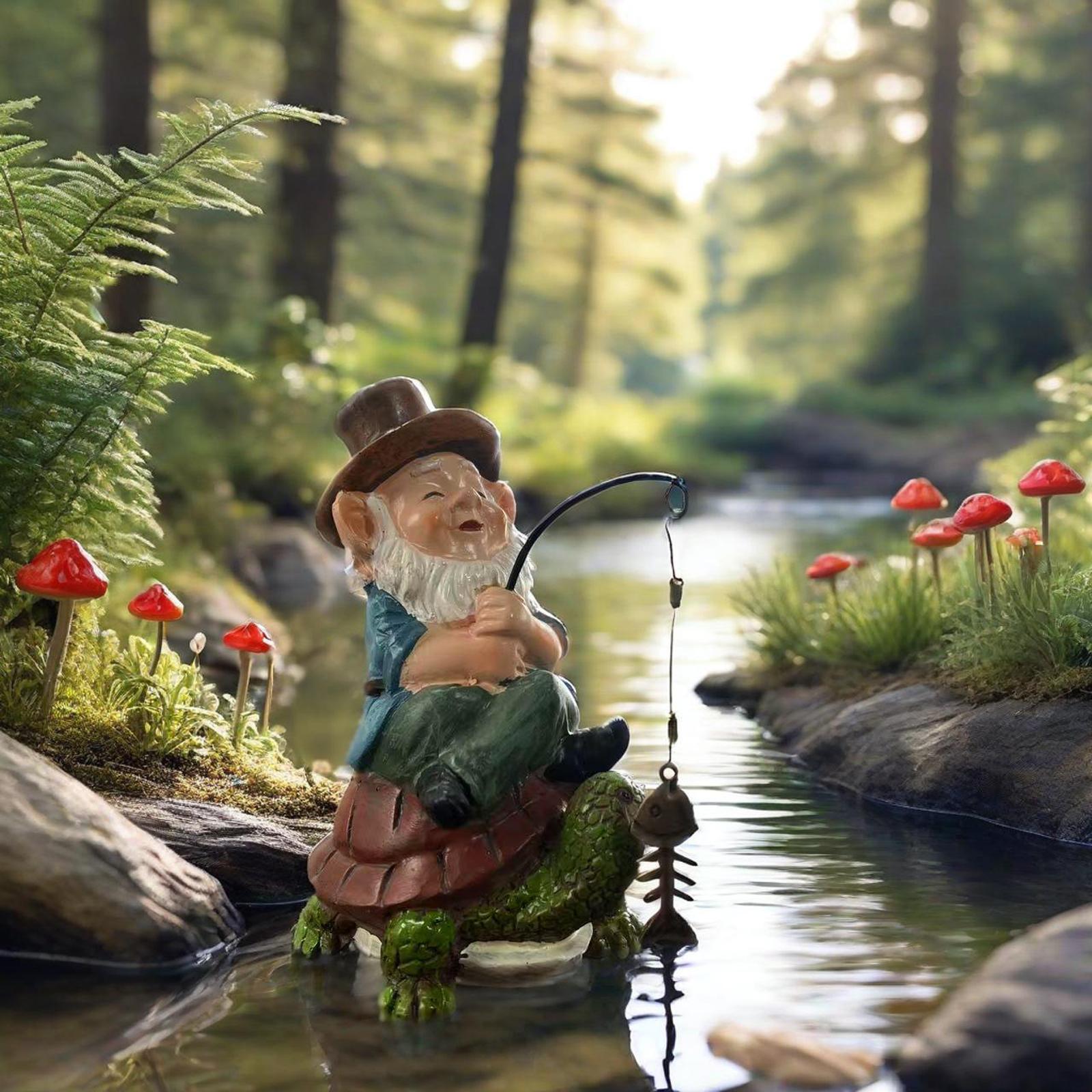 Resin Garden Gnome Figurine Sitting on Turtle Fishing Decorative Statue for Outdoor Patio Yard Ornament one size
