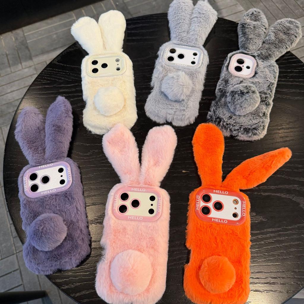 Cute Rabbit Plush Long Ears Suitable for iPhone 17 Pro Max Phone Case, iPhone 16 Solid Color, 15 Female, 14/13