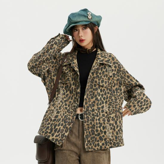 

Модная куртка для работы с леопардовым принтом - Унисекс, хип-хоп стиль с отложным воротником M цветной печати леопарда