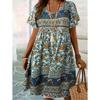 Floral Print Casual Dress for Women Short Sleeve Round Neck Mid Length Pullover