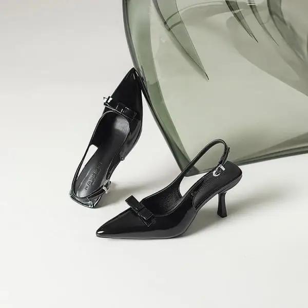 Comfort Shoes for Women High Heel Sandals Suit Female Beige 2025 Summer Shallow Mouth Low High-heeled Bow Black Girls  Elastic B