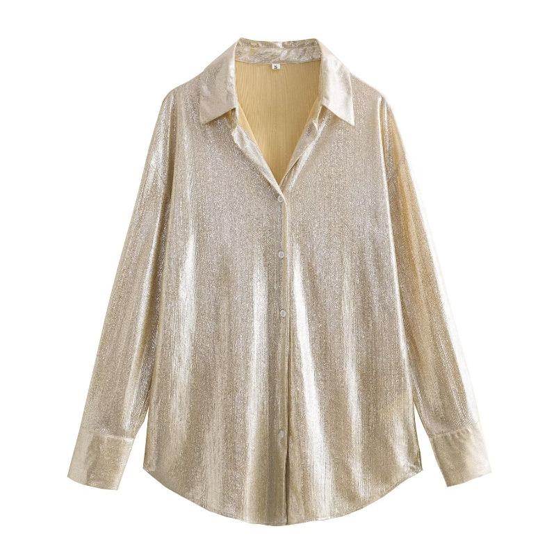 

Блестящая рубашка с воротником поло, длинными рукавами, однобортная, с пряжкой, свободные топы, женское тонкое пальто, повседневное, для поездок на работу, новая мода, весна-осень S