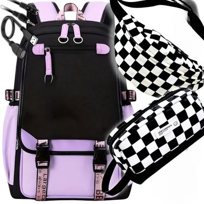 School Backpack Student Satchel Multi-compartment Pencil Case Kidney Bag Usb Set