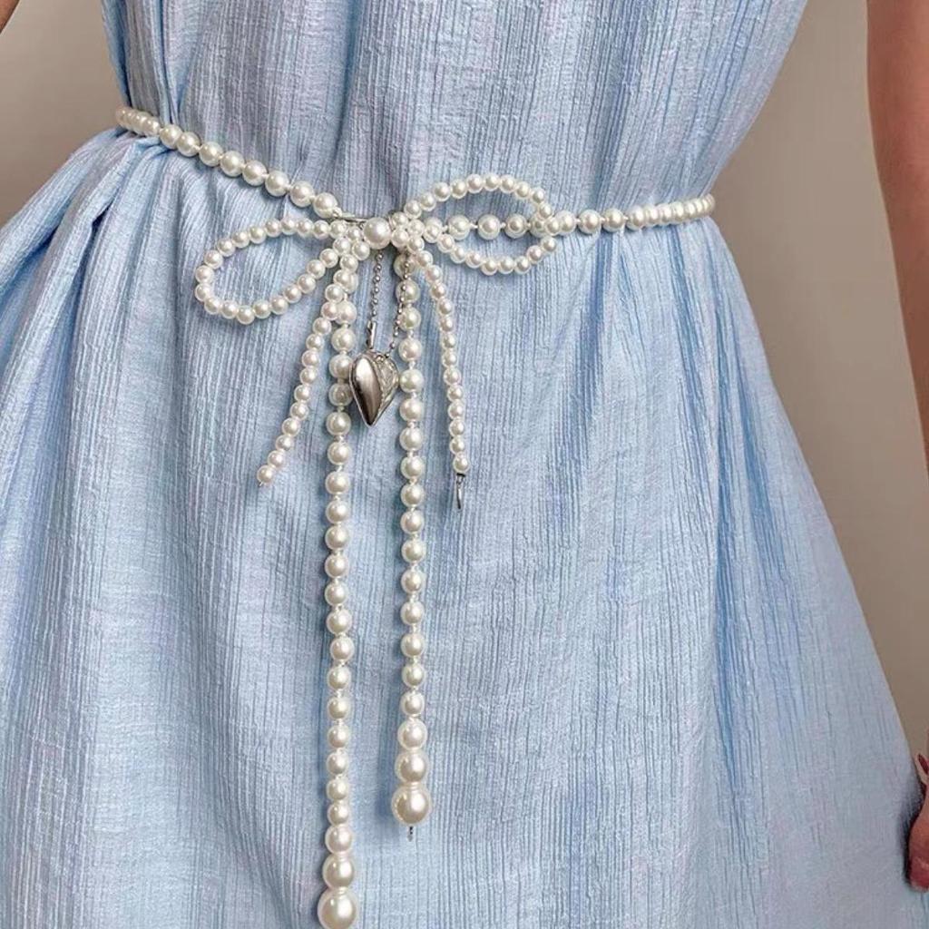 Sweetheart Pearl Bow Tassel Waist Belt Accessory