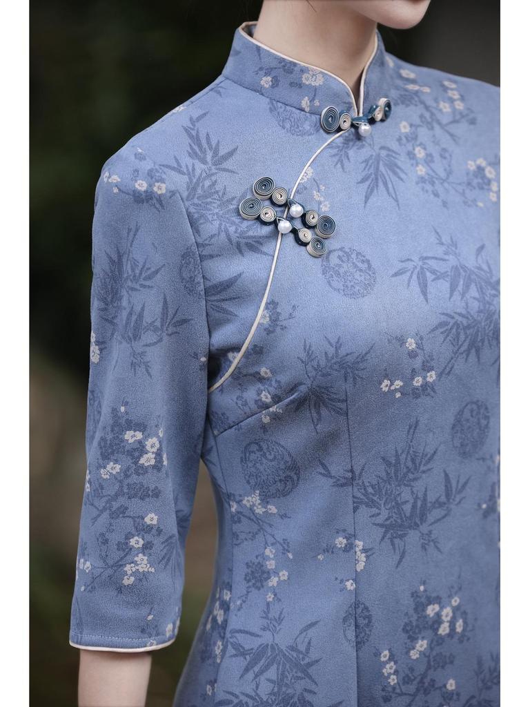 Suede Cheongsam: New 2025 Autumn Long-Sleeve Dress, National Style for Young Girls