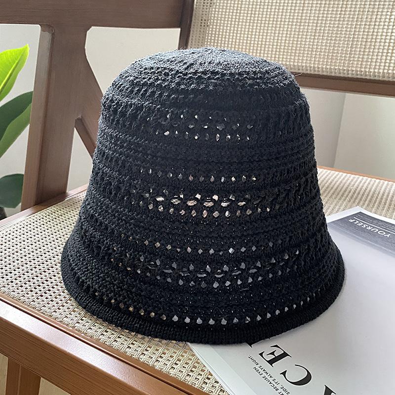 Knitted Hollow Bucket Hat Women's Summer New Solid Color Breathable Sunscreen Sunshade Bucket Basin Hat Sun Hat