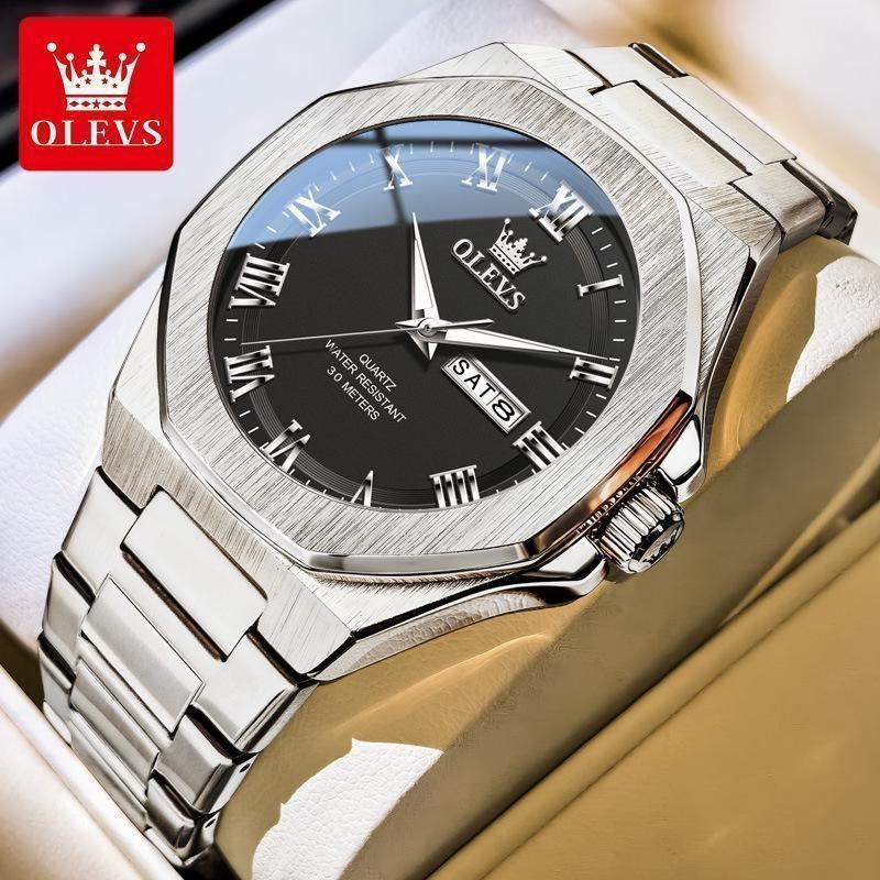 OLEVS Luxury Man Watch Classic Fashion Roman Scale Dual Calendar Waterproof Luminous Stainless Steel Original Quartz Wristwatch