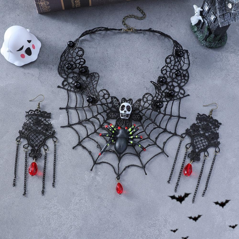 Bracelet Halloween Necklace Exaggerated Gothic Earrings Lace Flower Jewelry Set Halloween Costume