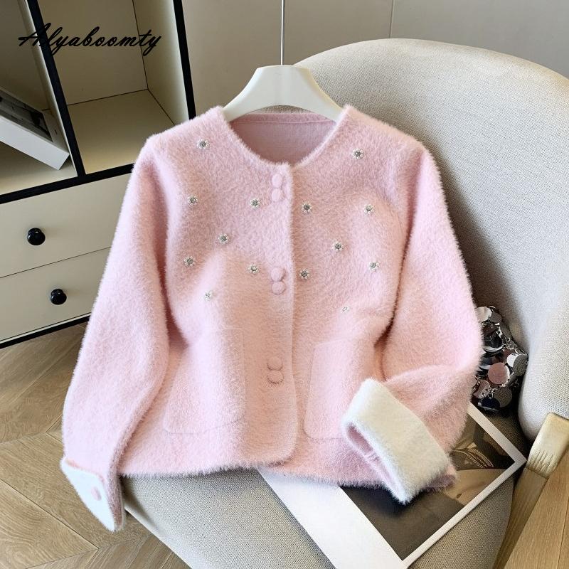 Elegant Fashion Autumn Winter Women Knitted Cardigan White Pink Blue Purple Fluffy Knitting Coat Feminine Sweet Diamonds Ladies' Outerwear