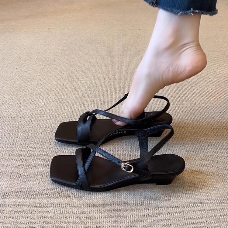Minimalist Retro One-word Belt Versatile Black Commuter Sandals Women's Wedge Heel Square Head Open-toed Women's Shoes