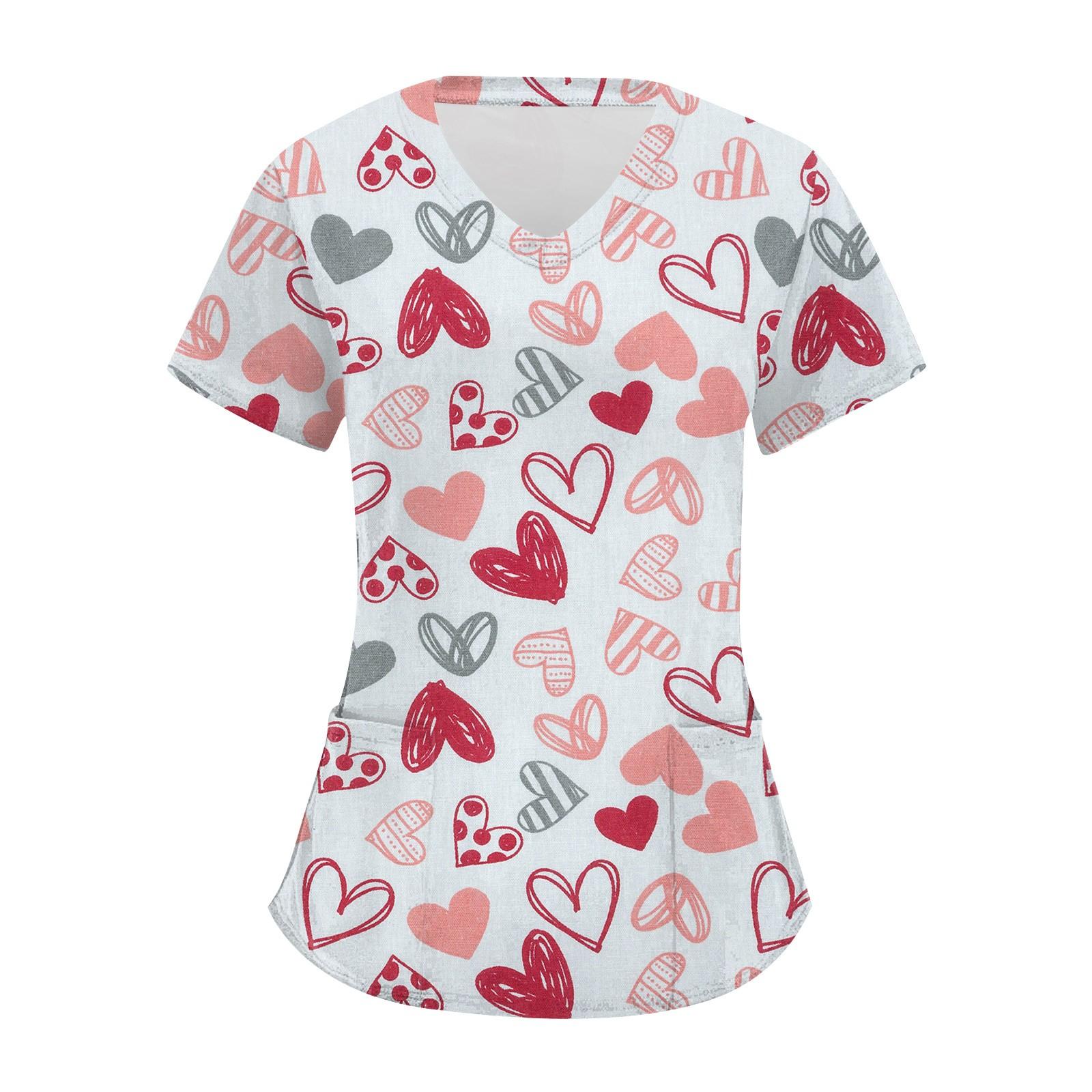 

Женские топы с короткими рукавами и v-образным вырезом с принтом в виде сердечек на День святого Валентина, рабочая блузка с карманами L бежевый