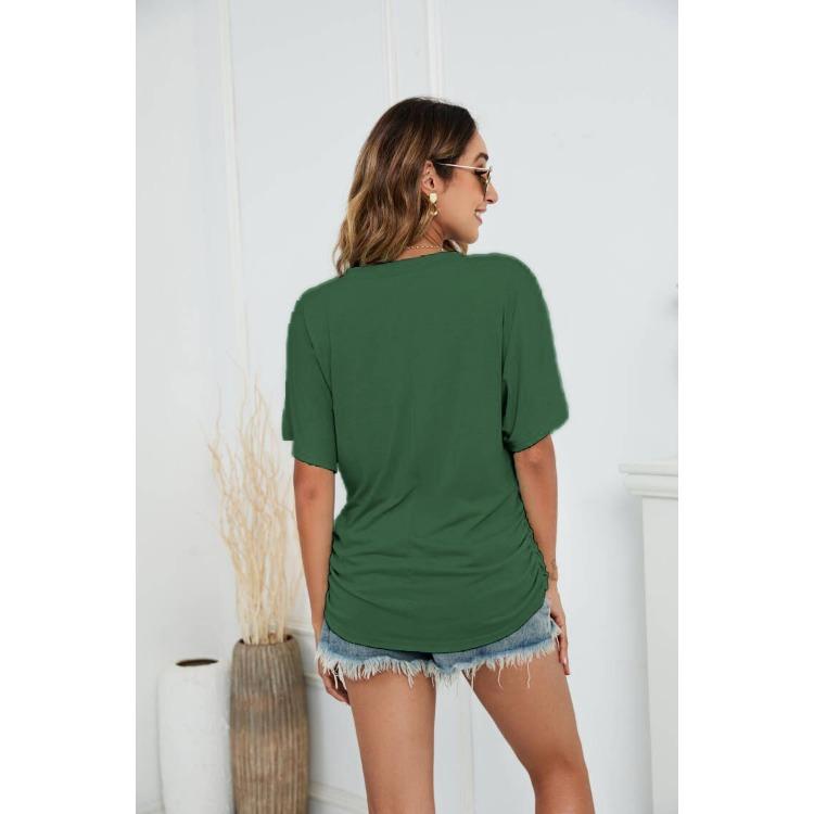 GMXIA Women's Solid Color Bat-sleeve Side Pleated V-neck Short-sleeved T-shirt
