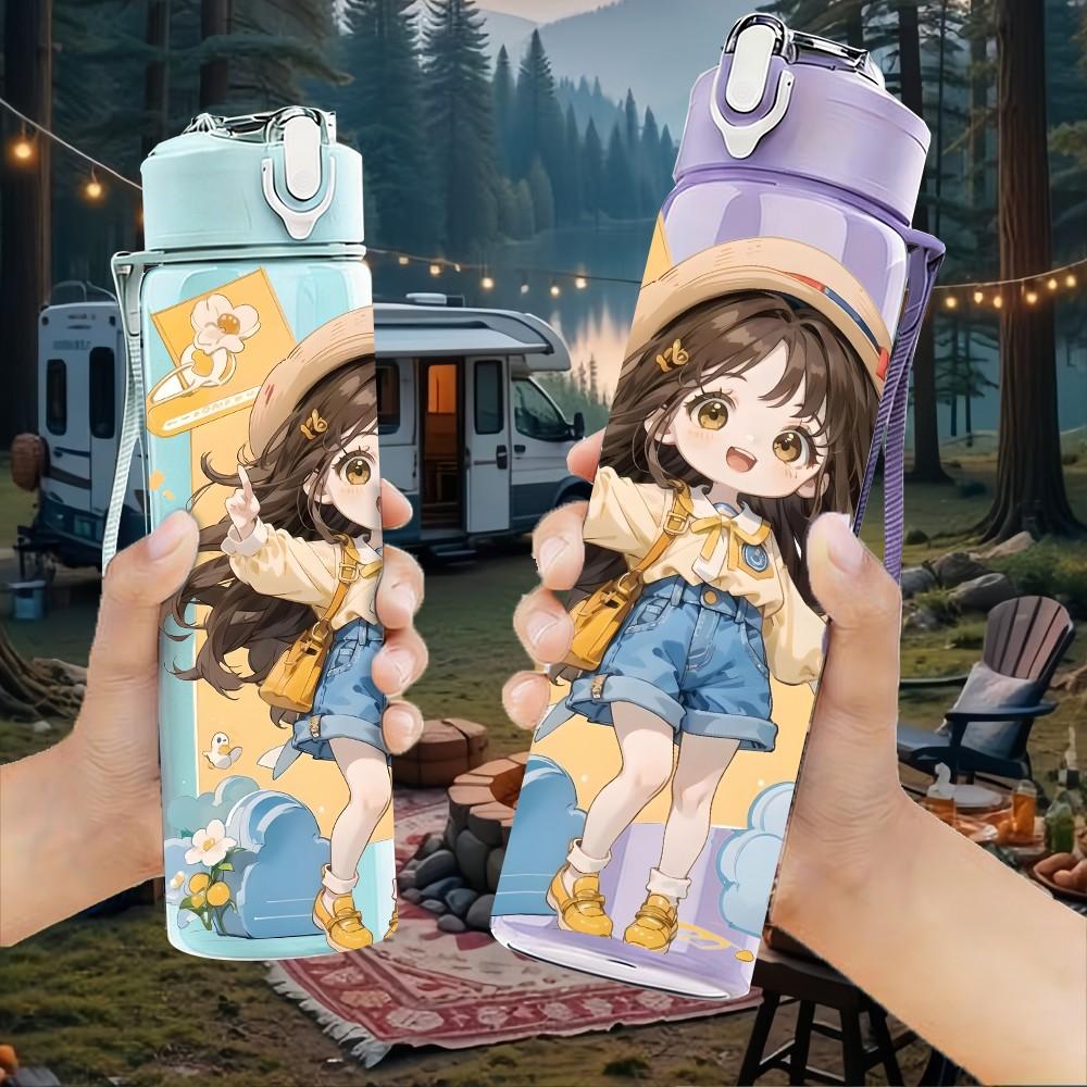 1PC Sun Hat Girl Countryside Scene Pattern 750ml Color Plastic Sports Water Bottle Leakproof Flip Straw Lid Suitable for Sports Office Home Use