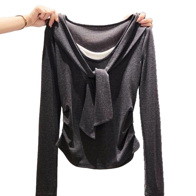 Korean Style Faux Two-Piece Long-Sleeve Shawl T-Shirt for Women - Spring/Autumn Layering Top