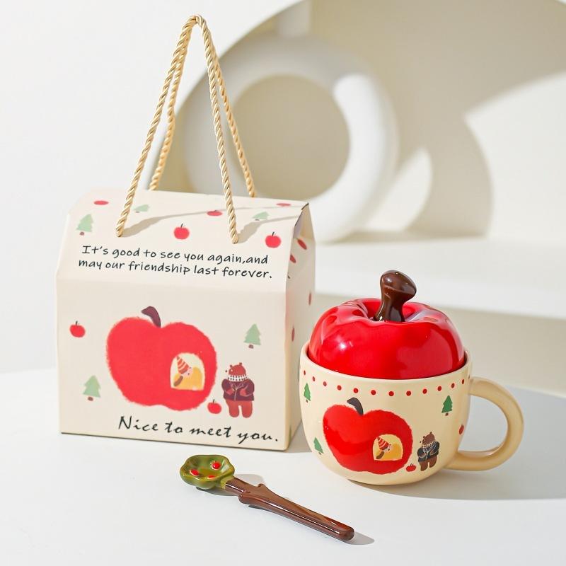 New Year Gift Gifts From Friends Elders Retro Apple Cup with Lid with Spoon Mug Gift Box for Best Friend Birthday Gift