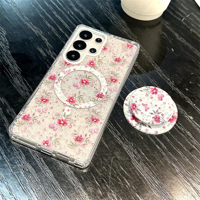 Koreanische minimalistische Glitzerblumen-Magnet-Handyhülle für Samsung S25 Ultra/S24 Plus