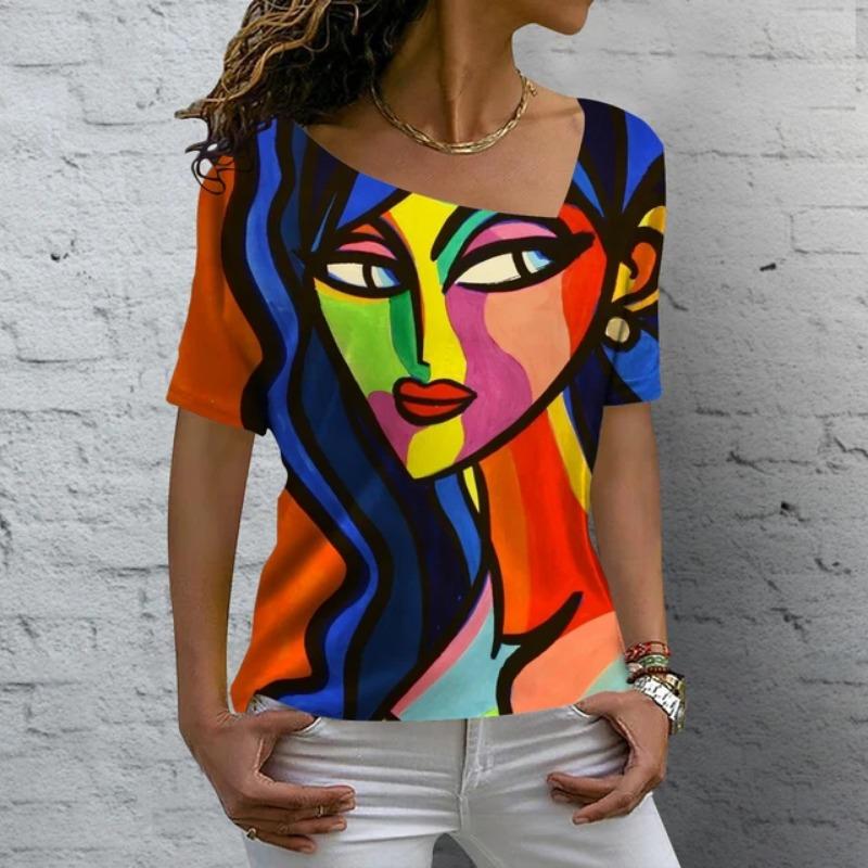 

Летняя повседневная рубашка свободного покроя с принтом, футболка с V-образным вырезом, женская свободная ретро-футболка, уличная одежда Y2K с коротким рукавом 5XL