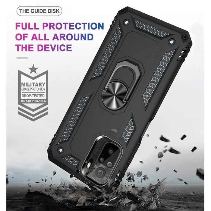 Hülle für Redmi Note 10 4G - Schwarz - Gehärtetes Glas - Stützring - Verstärkter Schutz