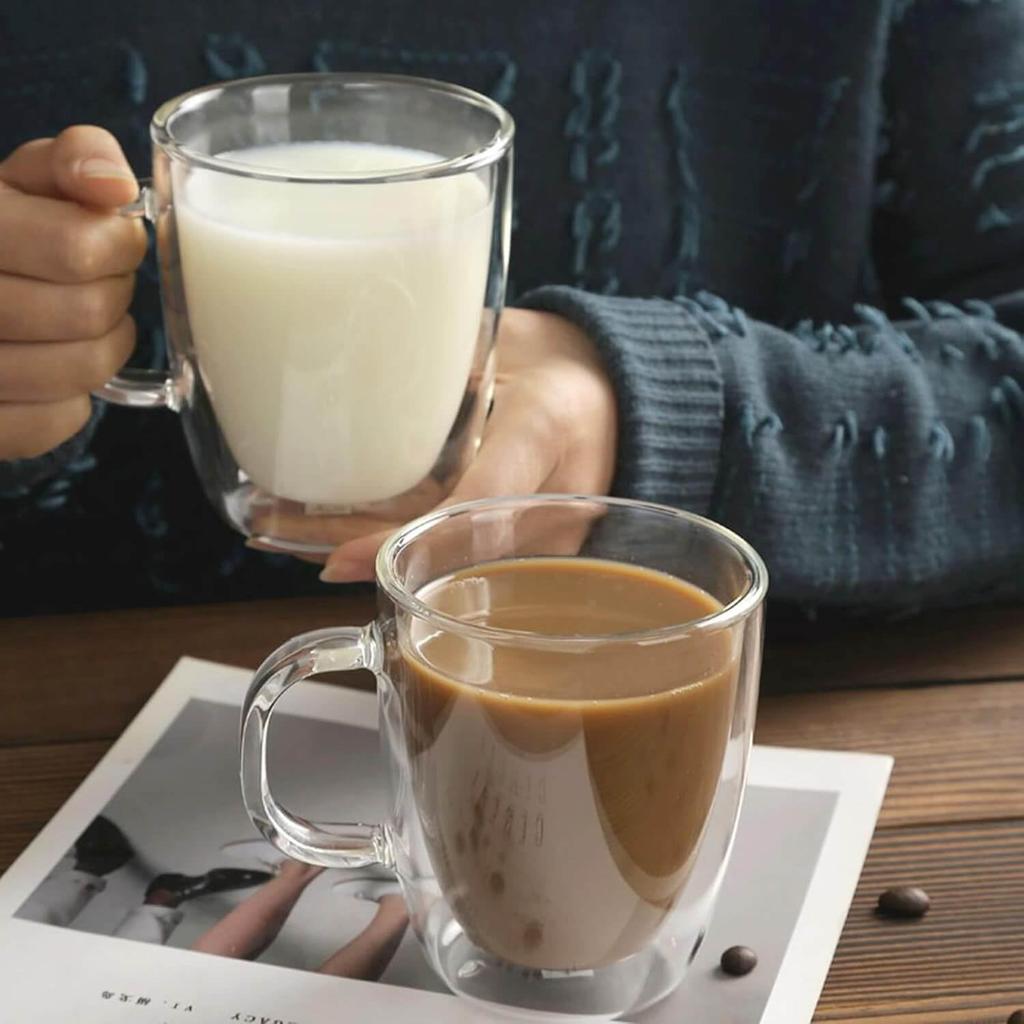 Pokaro Tea Double-Walled Cups, Pair, with Handles, 330ml Full Capacity, Double-Walled, Heat-Resistant Glass Cups, Set of 2, Double-Layered Glass, Can
