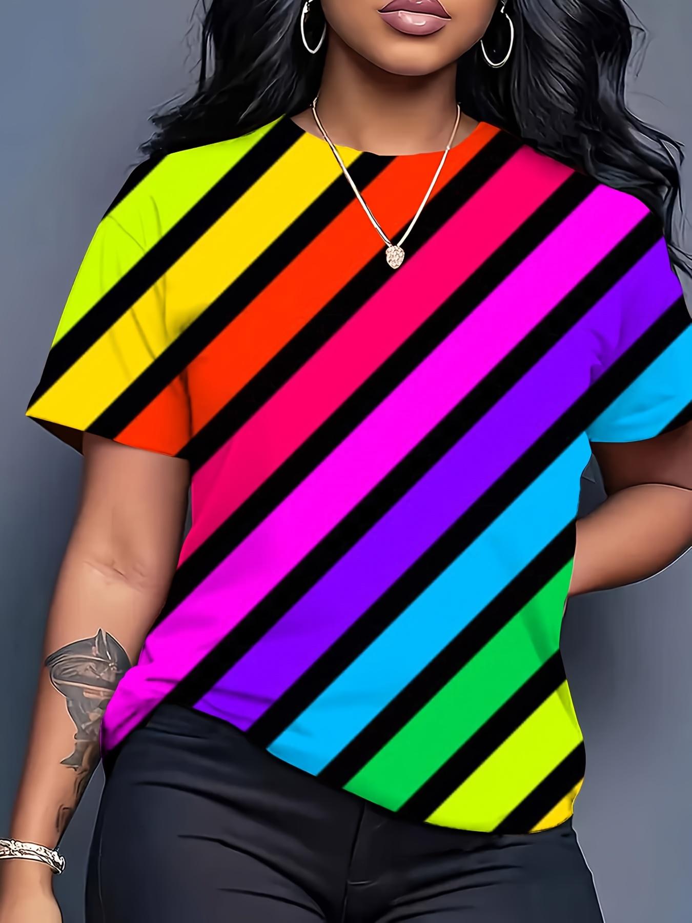 

Women s printed contrast T-shirt - sporty off-shoulder short sleeves with bright multi-color stripes XXS