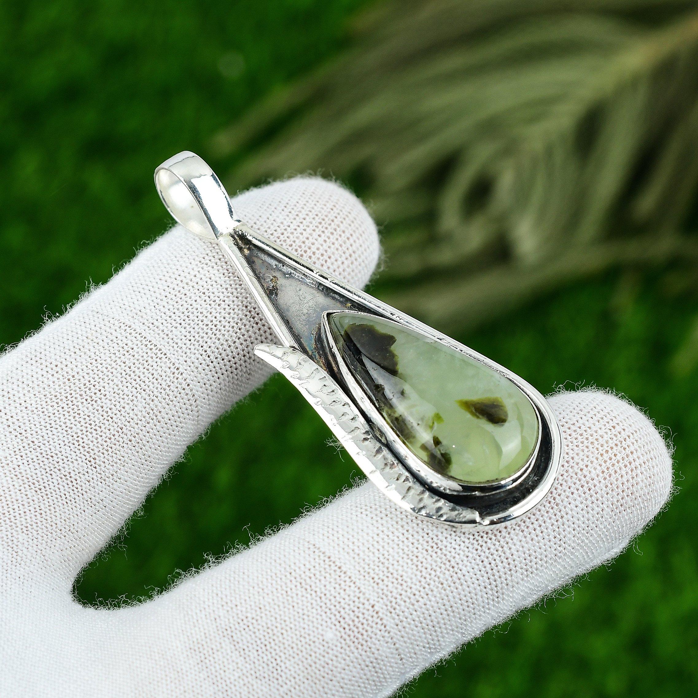 

Натуральный Пренит Подвеска из Драгоценного Камня Зеленый 925 Стерлинговое Серебро Индийские Украшения