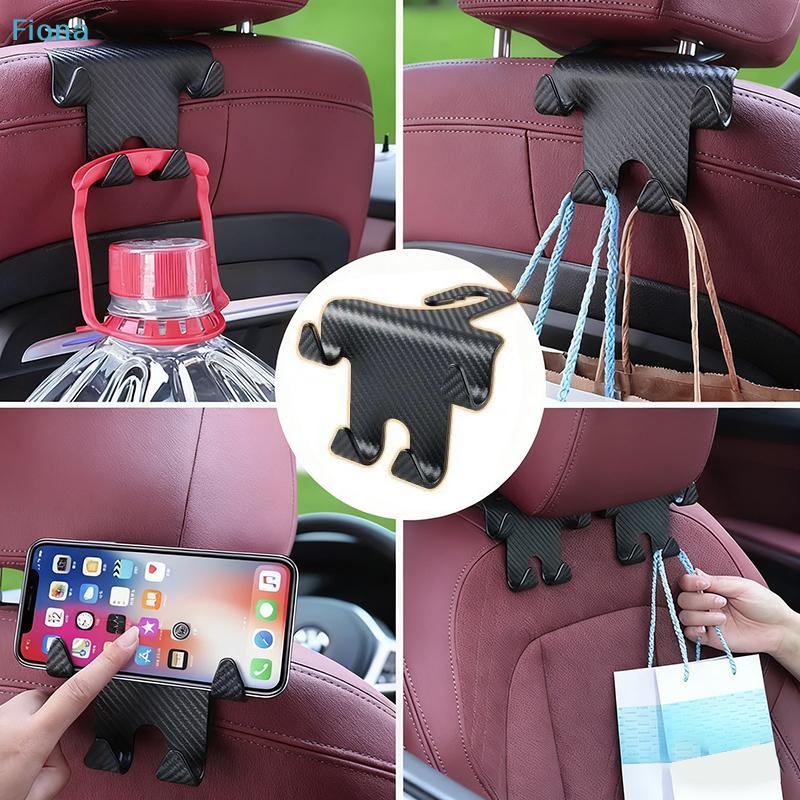 Car Back Seat Hook & Phone Mount 2-in-1 - Carbon Fiber Style Multi-Functional Organizer for Bags, Phones & Car Interior Storage
