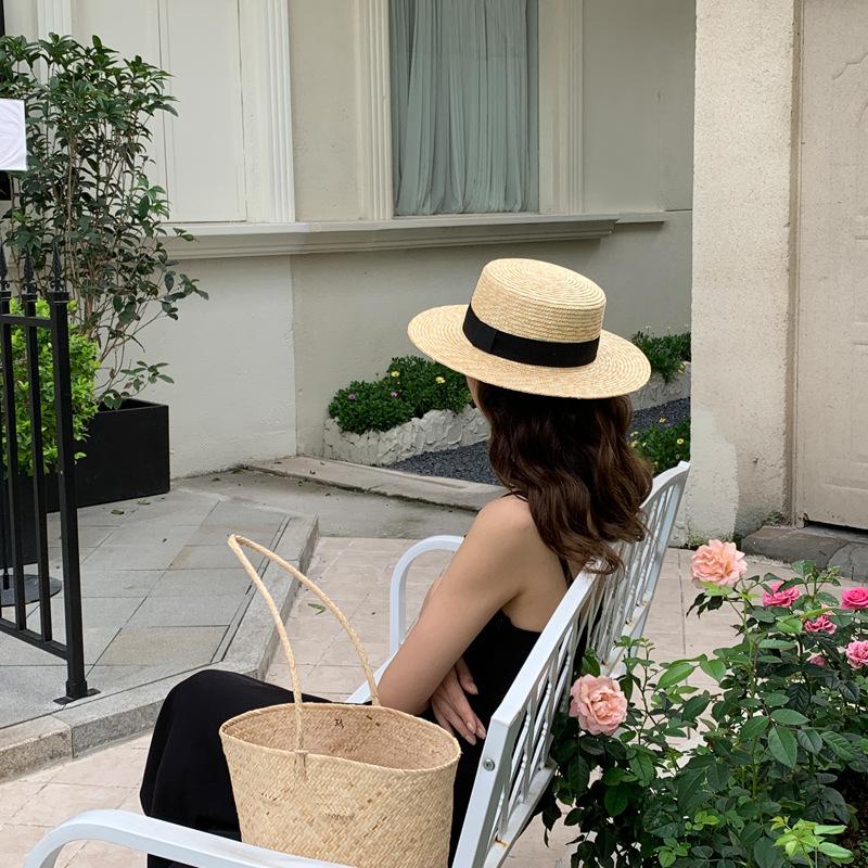 Straw straw hat French British Panama flat top straw hat woven women's summer vacation seaside beach top hat