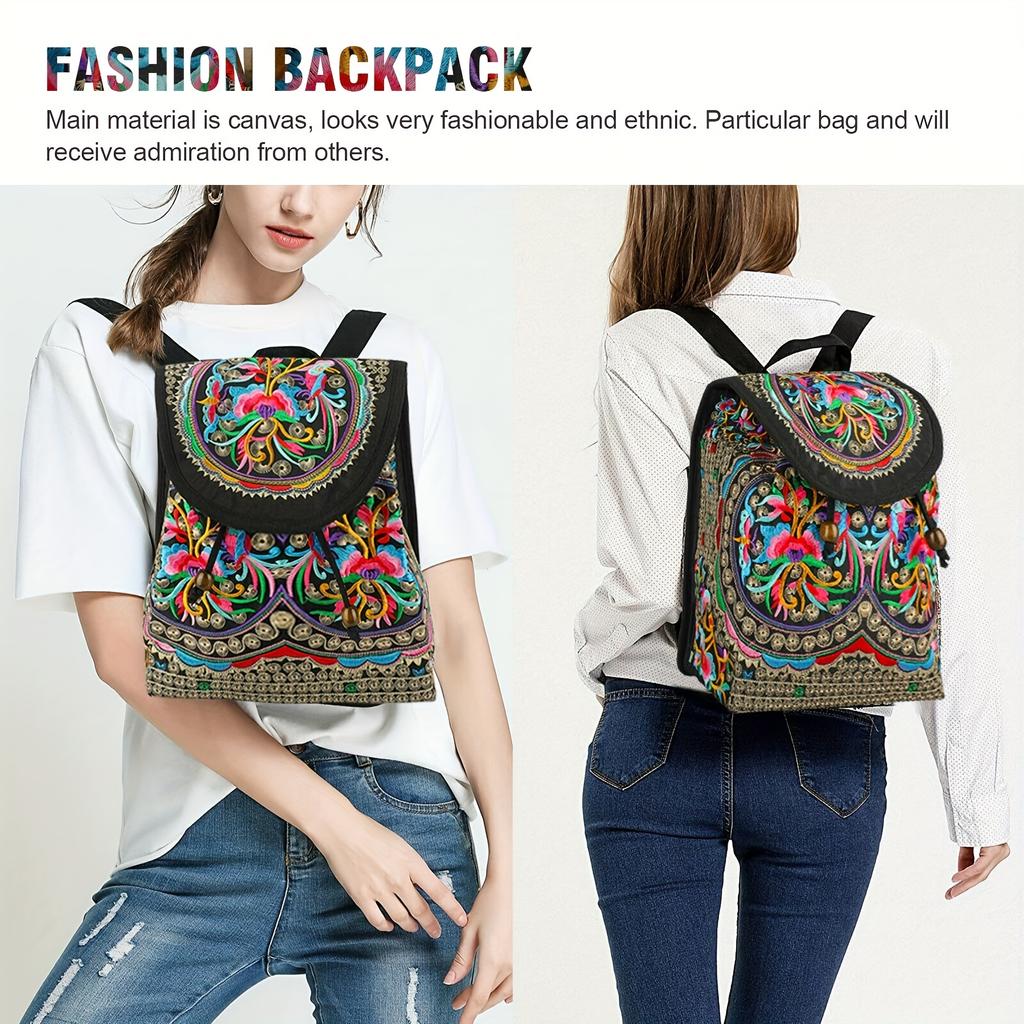 Rucsac elegant cu broderie florală, geantă de carte din pânză la modă pentru femei, rucsac de călătorie cu clapă la modă