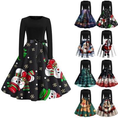 Christmas Print Flare Dress For Women Long Sleeve Dress Hollow Party Casual Dresses