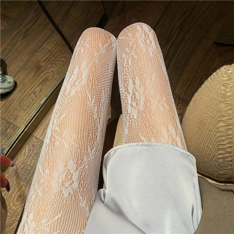 Women Sexy Black White Lolita Hollowed Lace Mesh Stockings Bottomed Pantyhose Japanese Goth Floral Rattan Fishnet Classic Tights