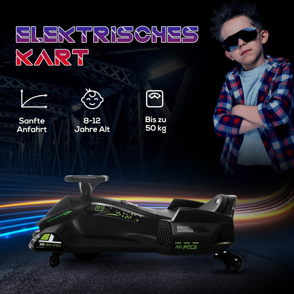 Electric Go-Kart for Kids, Rubber Wheels, 3-8 km/h, with Lights and Music Function, Black