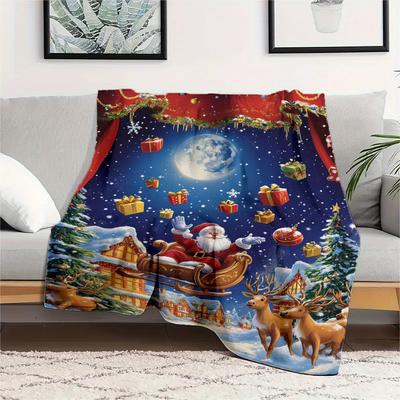Weihnachtsflaneldecke 280 g/m² - Weiche saisonale Decke mit Weihnachtsmann, Rentieren und Schneeflocken - Vielseitige, kuschelige Nickerchen-Decke für Bett,
