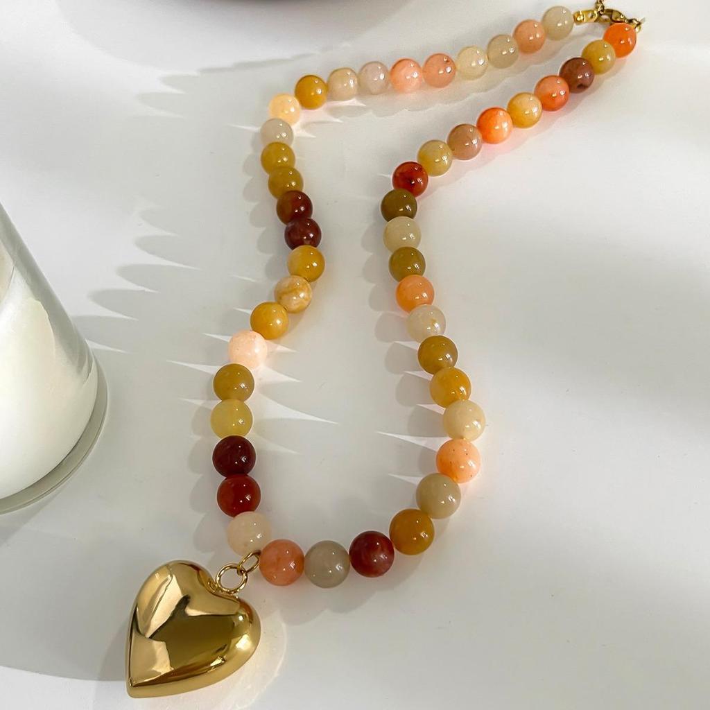 Bohemia Multicolor Stone Handmade Beaded Chain Gold Plated Heart Pendant Necklace for Women