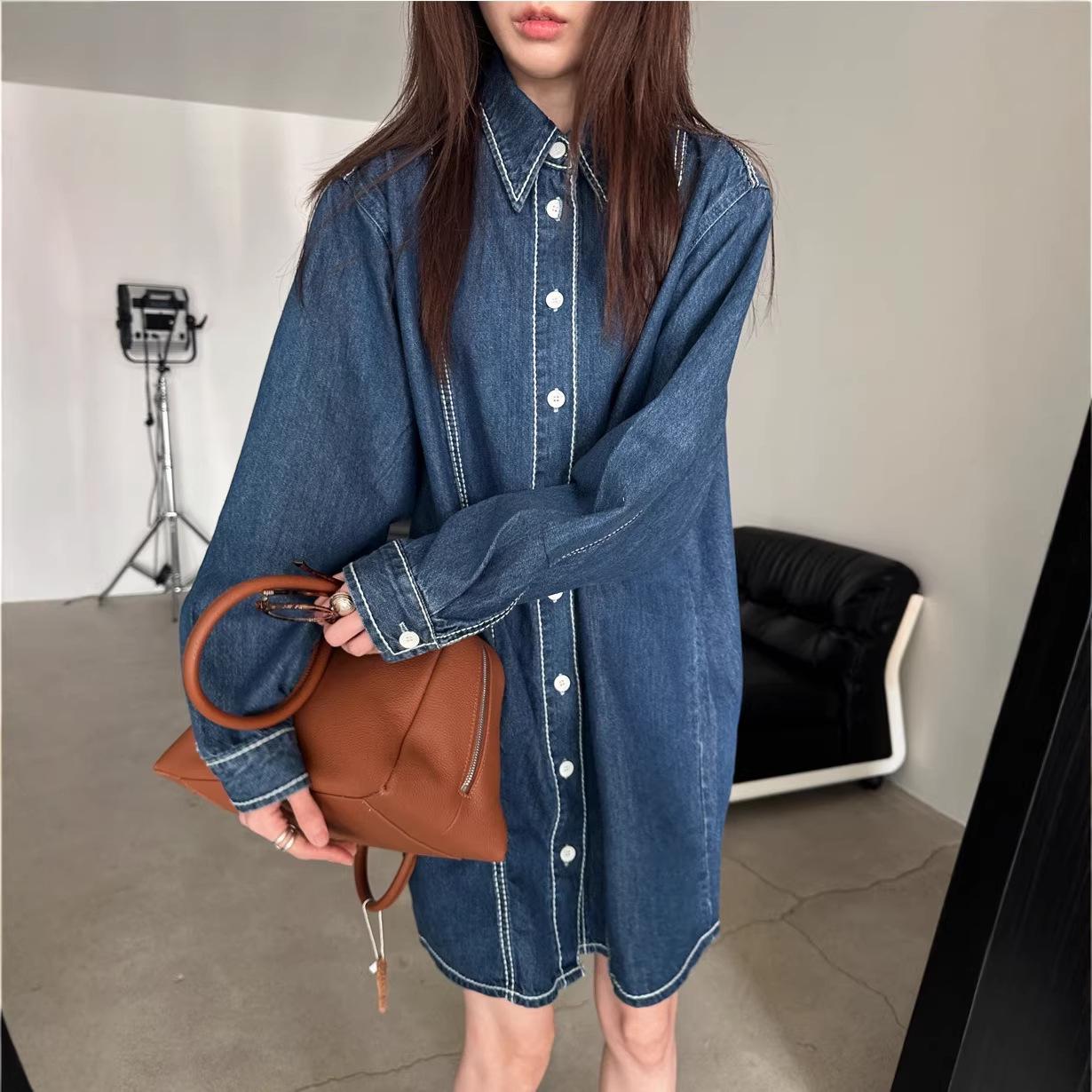Retro Contrast Stitch Lapel Denim Dress for Women - Early Spring/Autumn Collection One Size